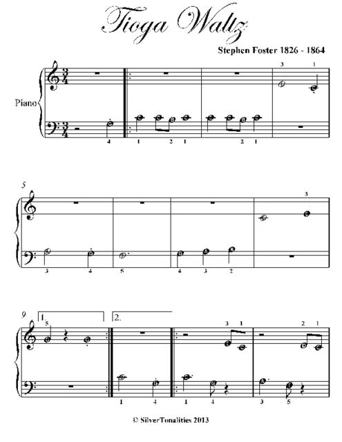 Tioga Waltz Beginner Piano Sheet Music, Stephen Foster