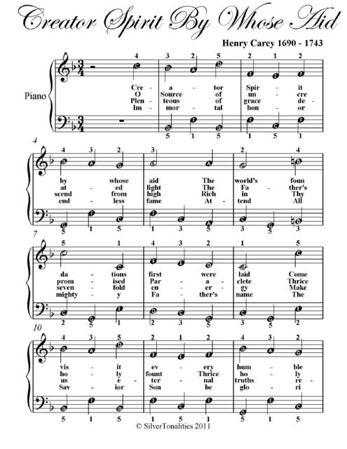 Creator Spirit By Whose Aid Easy Piano Sheet Music, Henry Carey