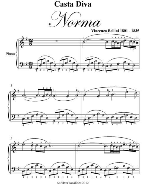 Casta Diva Norma Easy Piano Sheet Music, Vincenzo Bellini