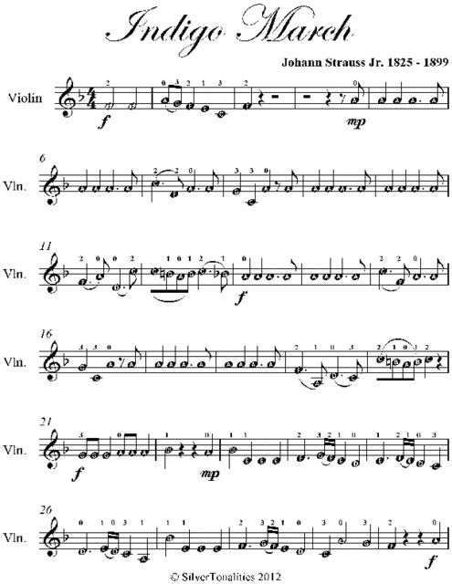 Indigo March Easy Violin Sheet Music, Johann Strauss Jr