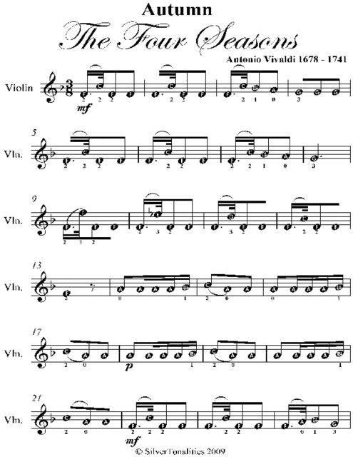 Autumn the Four Seasons Easy Violin Sheet Music, Antonio Vivaldi