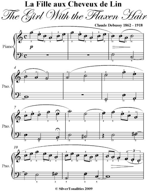 La Fille aux Cheveux de Lin Girl With the Flaxen Hair Easiest Piano Sheet Music, Claude Debussy