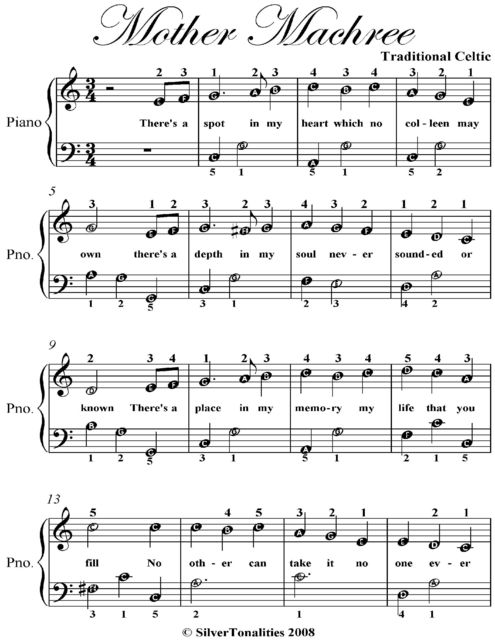 Mother Machree Easiest Piano Sheet Music, Traditional Celtic