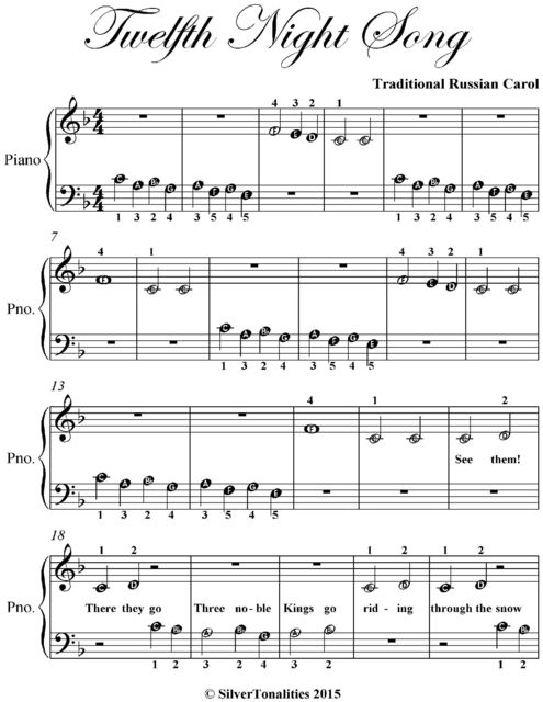 Twelfth Night Song Beginner Piano Sheet Music, Traditional Carol