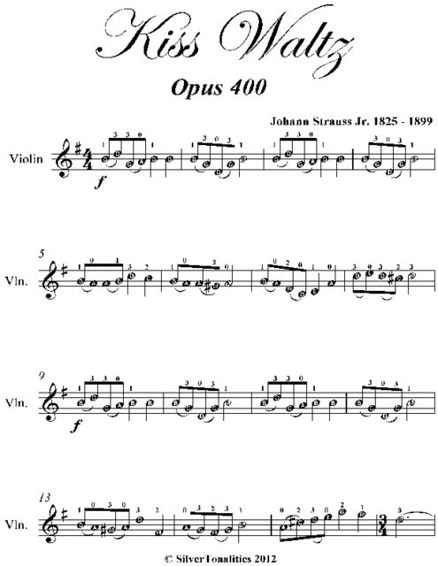 Kiss Waltz Easy Violin Sheet Music, Johann Strauss Jr