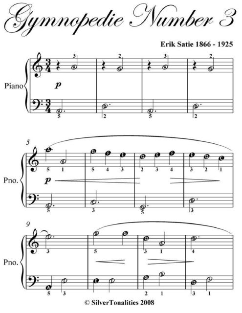 Gymnopedie Number 3 Easiest Piano Sheet Music, Erik Satie
