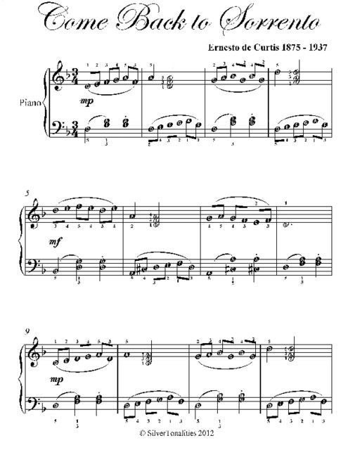 Come Back to Sorrento Elementary Piano Sheet Music, Ernesto de Curtis