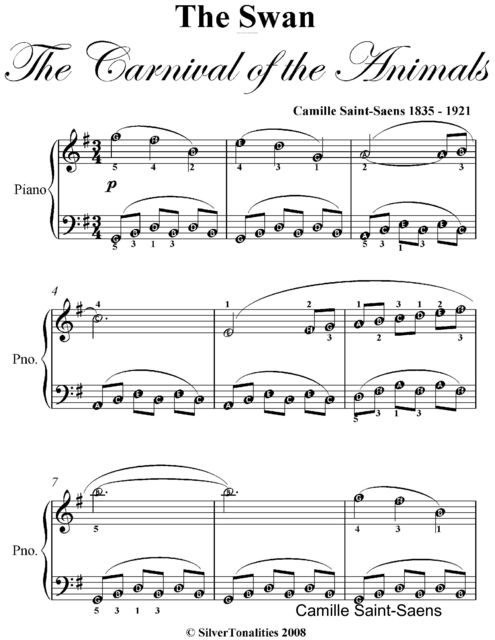 The Swan Carnival of the Animals Easy Piano Sheet Music, Camille Saint-Saëns
