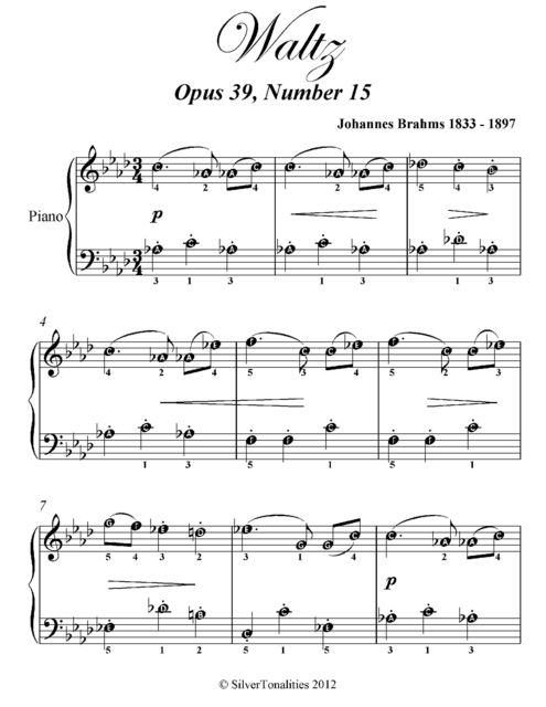 Waltz Opus 39 Number 15 Easy Piano Sheet Music, Johannes Brahms