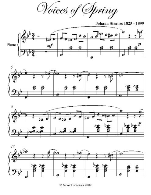 Voices of Spring Easy Intermediate Piano Sheet Music, Johann Strauss
