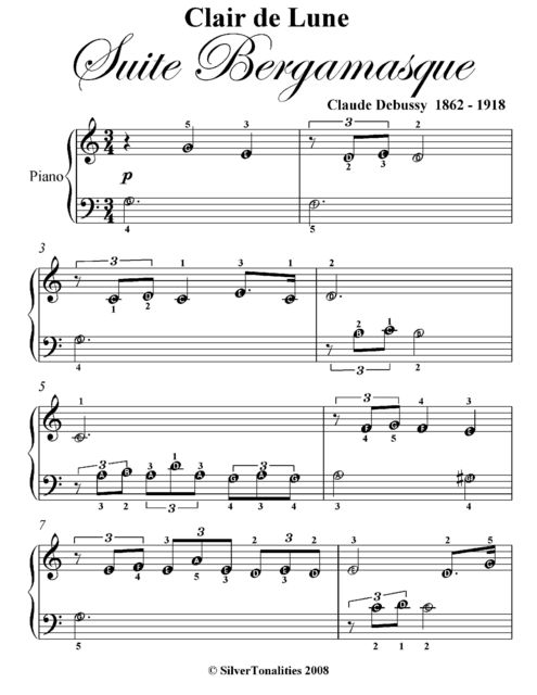 Clair De Lune Suite Bergamasque Beginner Piano Sheet Music, Claude Debussy