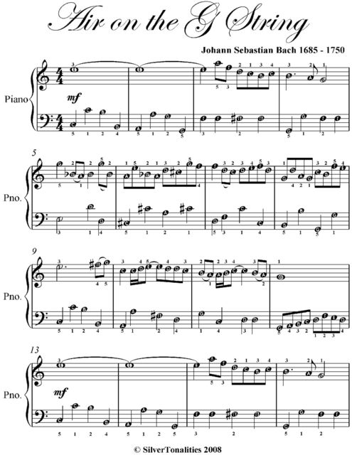 Air on the G String Easy Piano Sheet Music, Johann Sebastian Bach