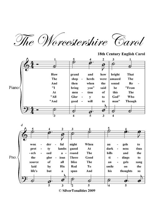 Worcestershire Carol Easy Piano Sheet Music, 18th Century English Carol