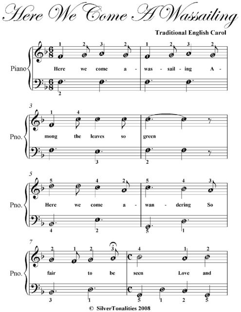 Here We Come a Wassailing Easiest Piano Sheet Music, Traditional English Carol