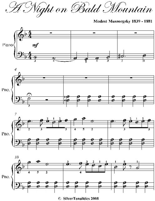 A Night On Bald Mountain Easy Piano Sheet Music, Modest Mussorgsky