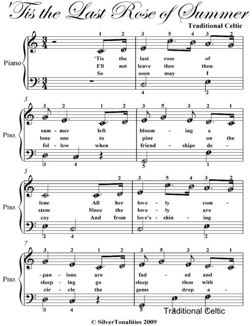 Tis the Last Rose of Summer Easy Piano Sheet Music, Traditional Celtic