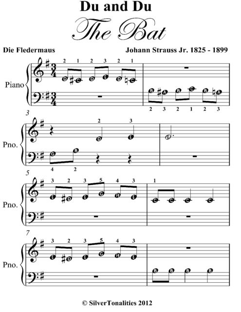 Du and Du the Bat Beginner Piano Sheet Music, Johann Strauss Jr