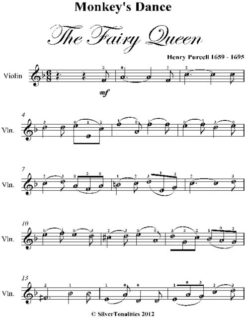 Monkey’s Dance the Fairy Queen Easy Violin Sheet Music, Henry Purcell