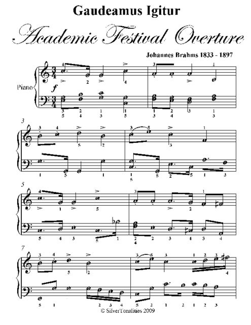 Gaudeamus Igitur Academic Festival Overture Elementary Piano Sheet Music, Johannes Brahms