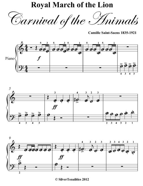 Royal March of the Lion Carnival of the Animals Beginner Piano Sheet Music, Camille Saint Saens