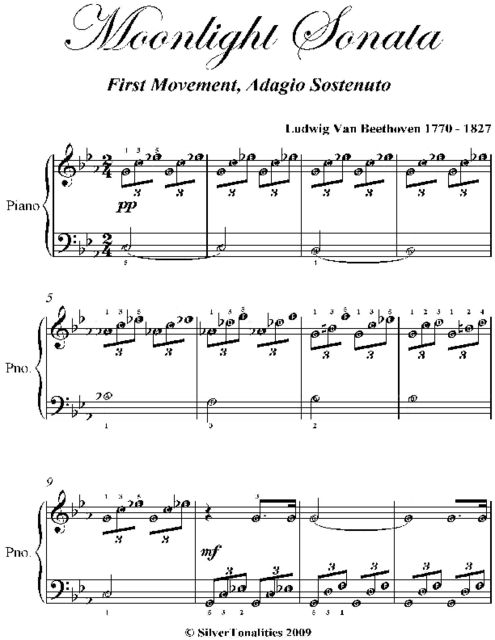 Moonlight Sonata 1st Mvt Beethoven Easy Elementary Piano Sheet Music, Ludwig van Beethoven