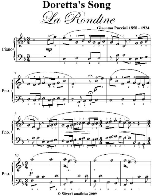 Doretta's Song La Rondine Easy Piano Sheet Music, Giacomo Puccini
