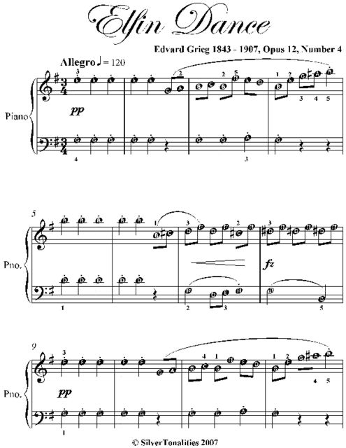 Elfin Dance Easy Piano Sheet Music, Edvard Grieg