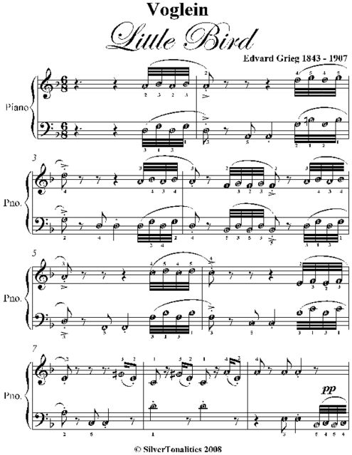 Voglein Little Bird Easy Piano Sheet Music, Edvard Grieg