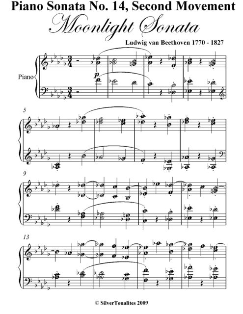 Piano Sonata No. 14 Second Movement Moonlight Sonata Easy Intermediate Piano Sheet Music, Ludiwg van Beethoven