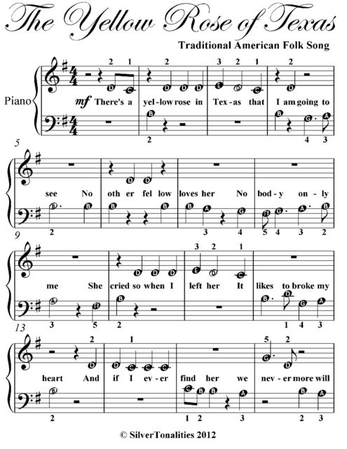 Yellow Rose of Texas Beginner Piano Sheet Music, Traditional American Folk Song