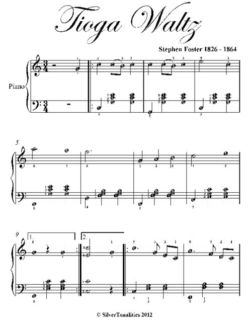 Tioga Waltz Easy Intermediate Piano Sheet Music, Stephen Foster