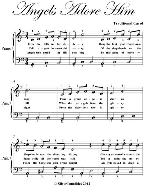 Angels Adore Him Easy Piano Sheet Music, Traditional Carol