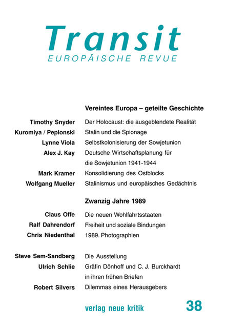 Transit 38. Europäische Revue, Timothy Snyder, Claus Offe, Lynne Viola