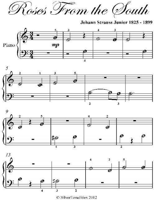 Roses From the South Beginner Piano Sheet Music, Johann Strauss Junior