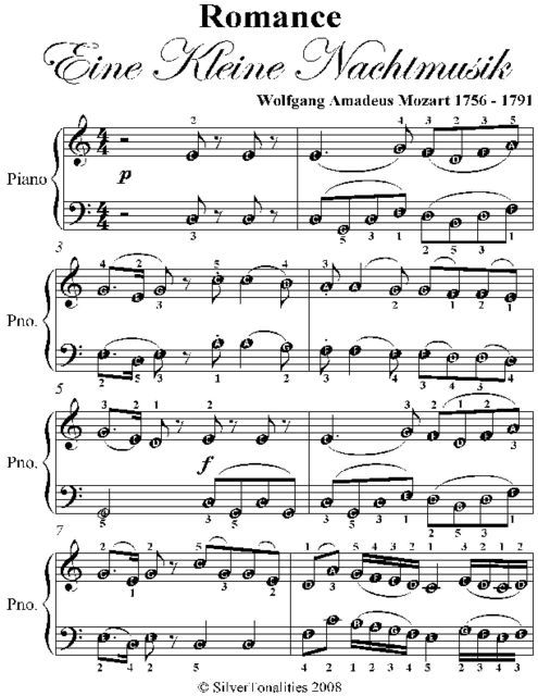 Romance Eine Kleine Nachtmusik Easy Piano Sheet Music, Wolfgang Amadeus Mozart
