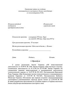 Грантовая заявка на создание инновационного кластерного бизнес-инкубатора, 