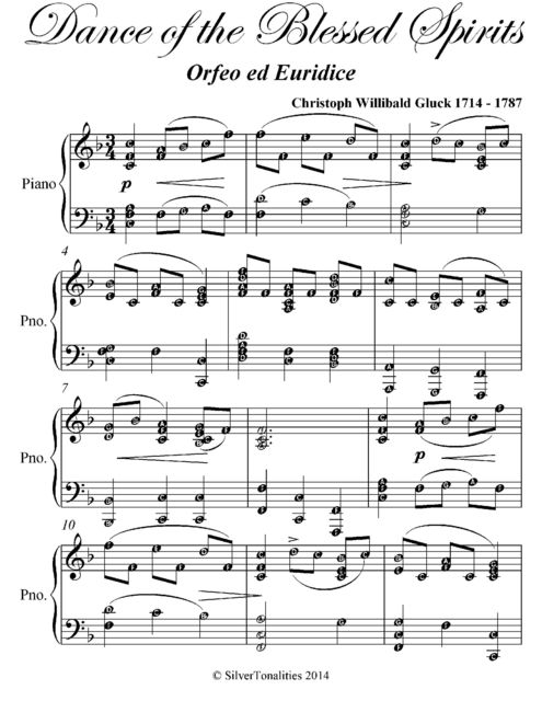 Dance of the Blessed Spirits Easy Intermediate Piano Sheet Music, Christoph Gluck