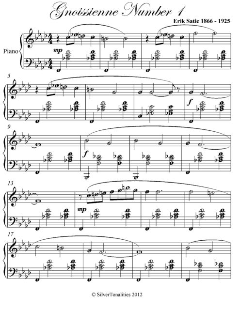 Gymnopedie Number 1 Easy Intermediate Piano Sheet Music, Erik Satie