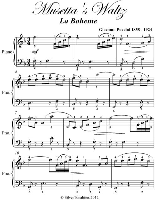 Musetta's Waltz La Boheme Elementary Piano Sheet Music, Giacomo Puccini