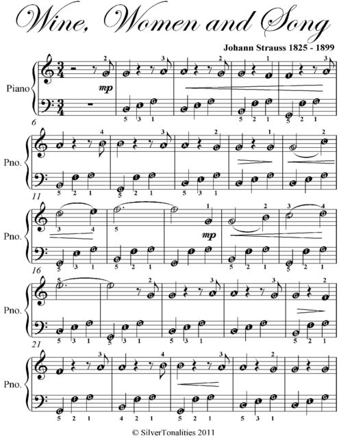 Wine Women and Song Easiest Piano Sheet Music, Johann Strauss