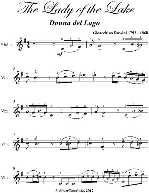 Lady of the Lake Donna Del Lago Easy Violin Sheet Music, Gioachino Rossini