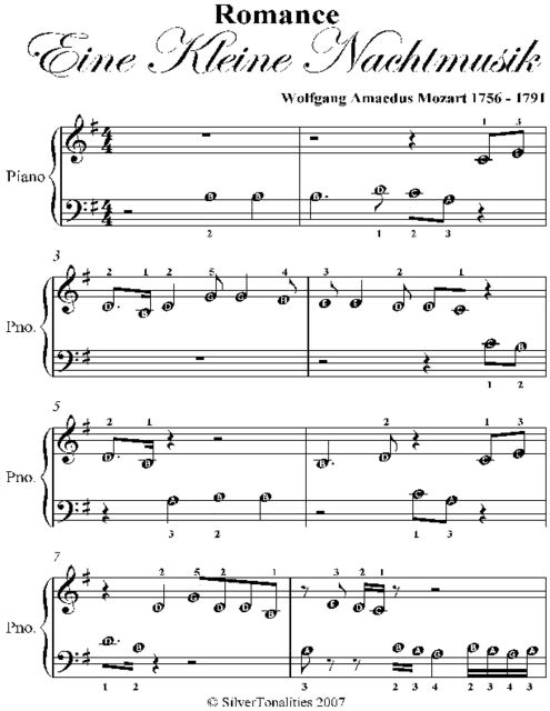 Romance Eine Kleine Nachtmusik Beginner Piano Sheet Music, Wolfgang Amadeus Mozart