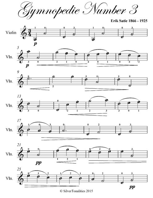 Gymnopedie Number 3 Easy Violin Sheet Music, Erik Satie