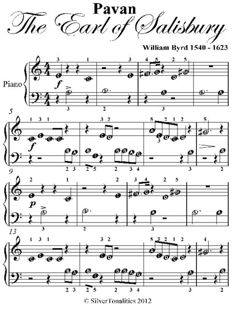 Pavan the Earl of Salisbury Beginner Piano Sheet Music, William Byrce