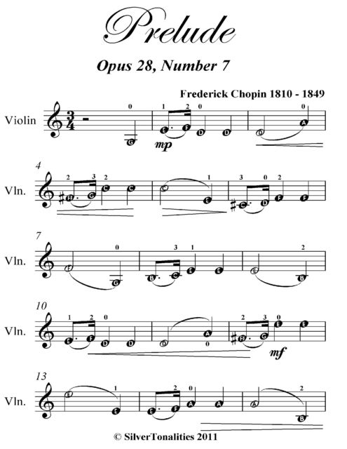 Prelude Opus 28 Number 7 Easy Violin Sheet Music, Frederick Chopin
