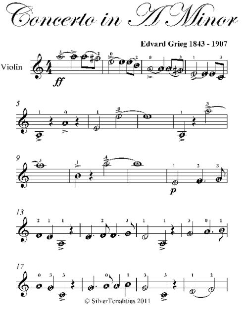Concerto In A Minor Easy Violin Sheet Music, Edvard Grieg