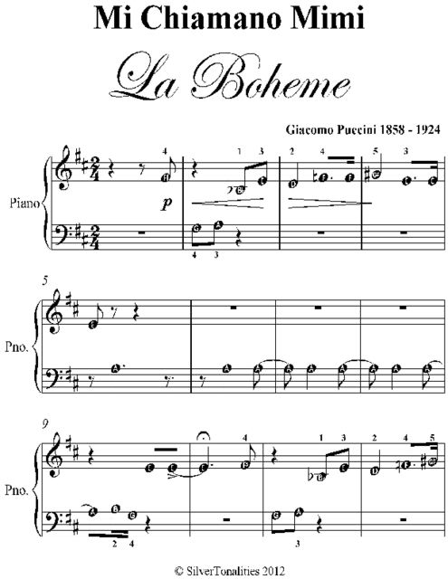 Mi Chiamano Mimi La Boheme Beginner Piano Sheet Music, Giacomo Puccini