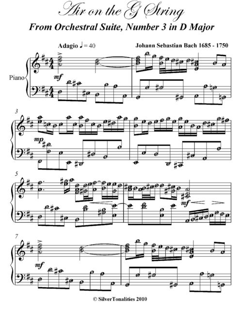 Air on the G String Intermediate Piano Sheet Music, Johann Sebastian Bach