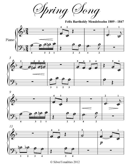Spring Song Beginner Piano Sheet Music, Felix Mendelssohn