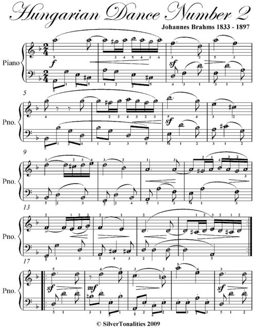 Hungarian Dance Number 2 Elementary Piano Sheet Music, Johannes Brahms